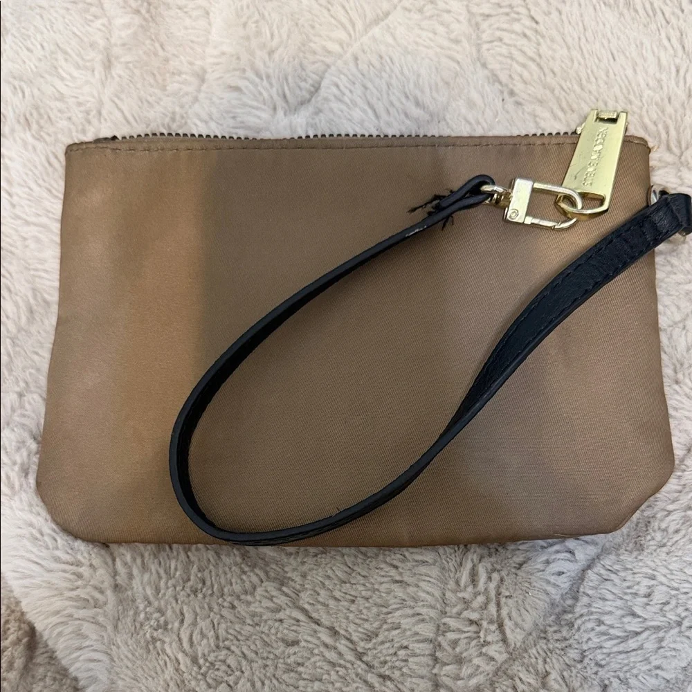Steve Madden tan taupe, wristlet wallet, clutch black strap, gold accents GUC